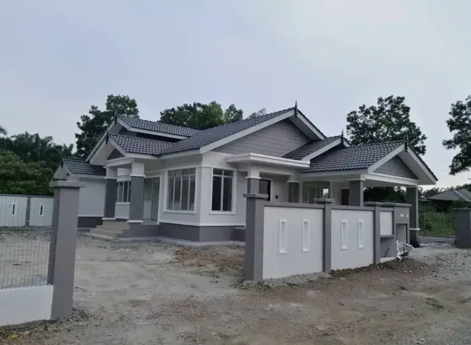 A completed single-storey bungalow with a grey tiled roof
