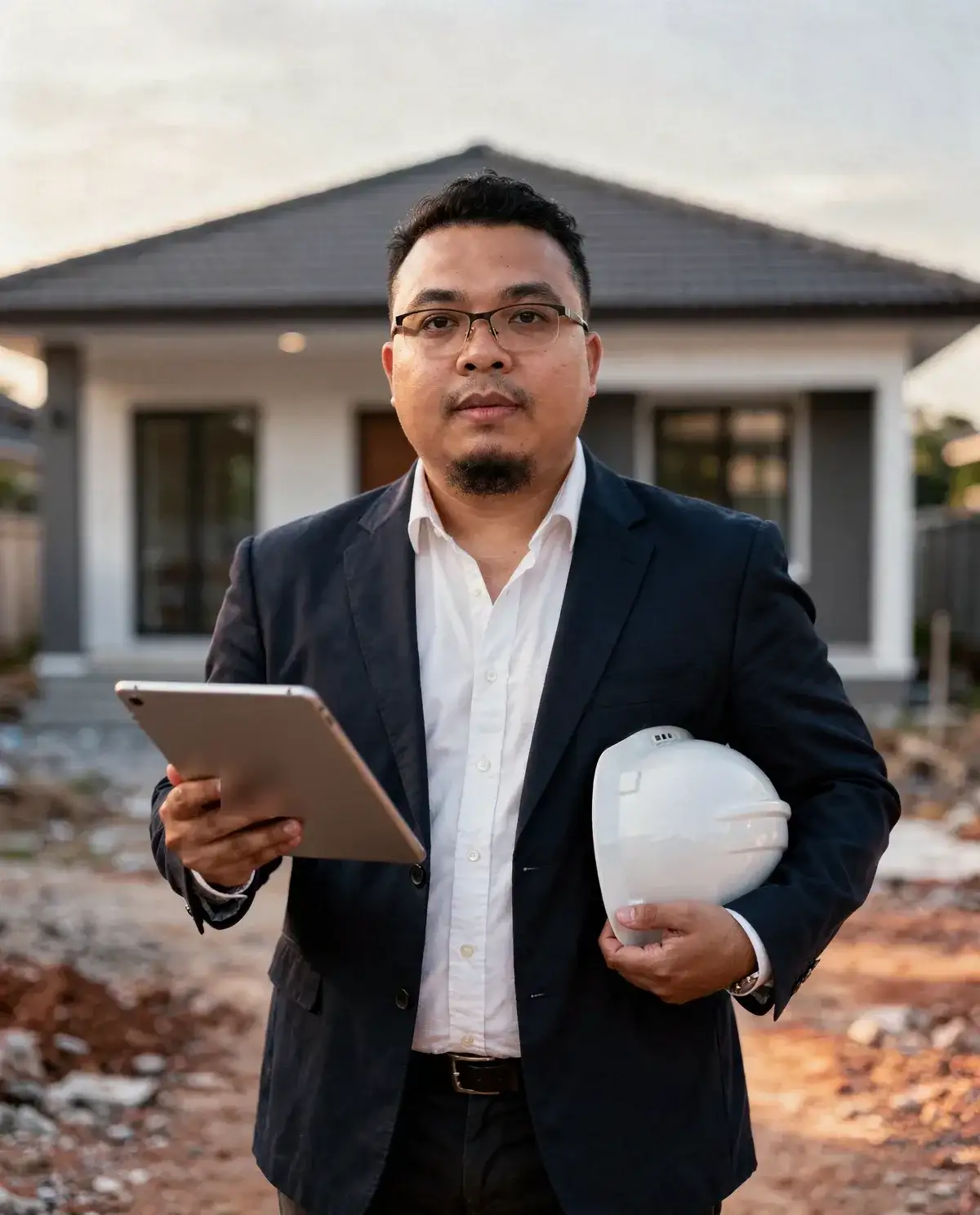 Saif Muhtar on a house construction site, holding a tablet
