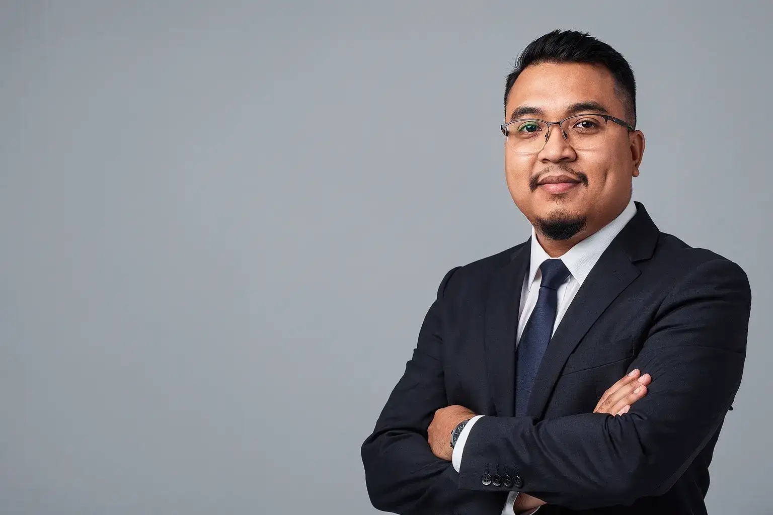 Saif Muhtar in a dark suit, studio portrait