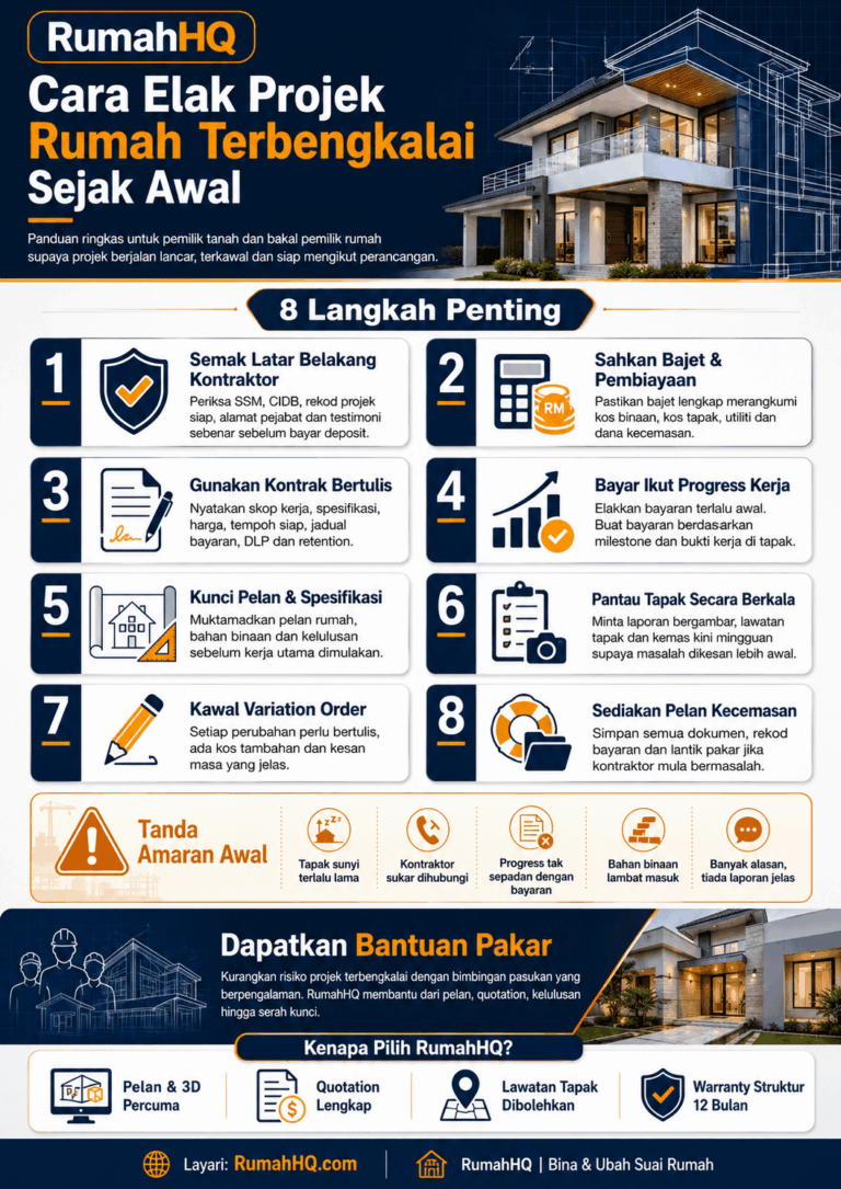 8 Cara Bijak Elak Projek Rumah Terbengkalai Sejak Awal | RumahHQ 1 1783014787 Kos Bina Rumah Terkini 2026 Ramai Pemilik Tanah Terkejut Bila Tahu 8 Perkara Ini Sebelum
